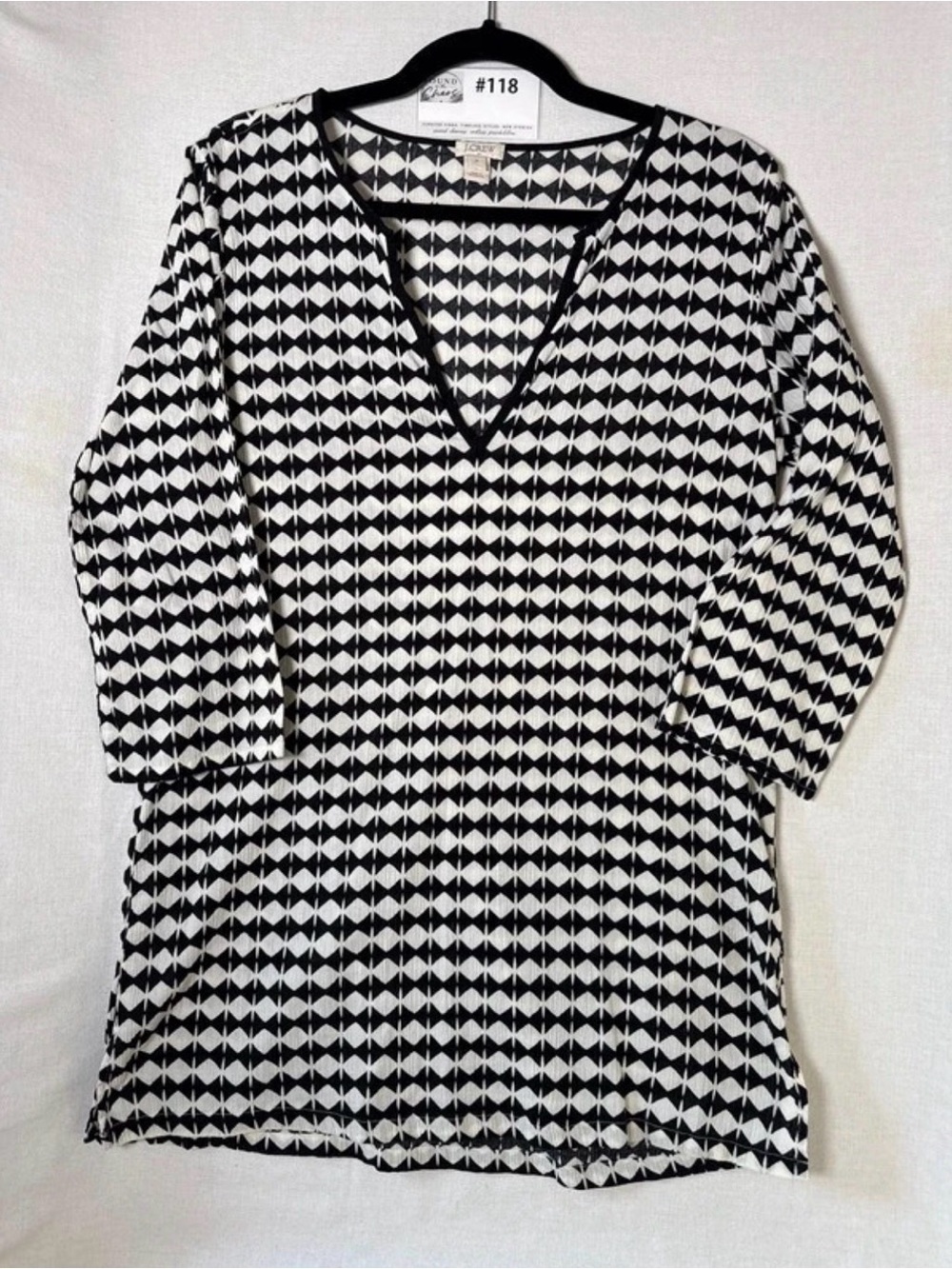 J. Crew Black & White Argyle/Geometric V-Neck Tunic Size M